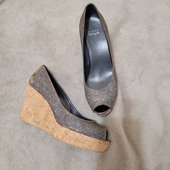 Stuart Weitzman Anna open toe cork wedges Pryrite Nocturn size 9 - Picture 1 of 13